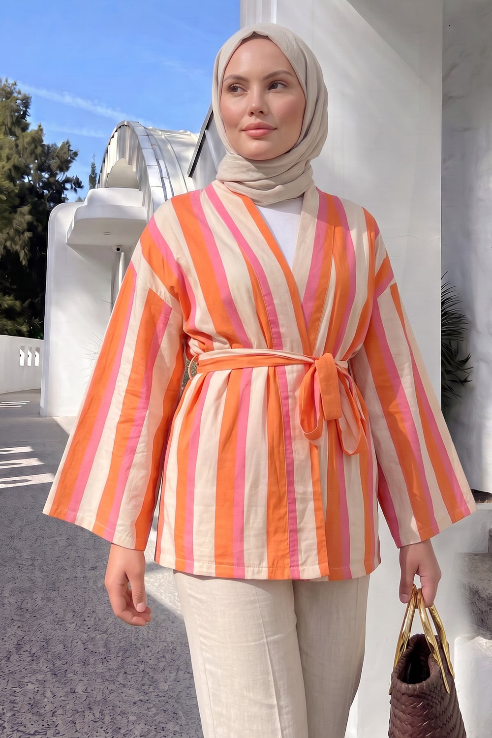 Çizgili Kimono Y0167 - Mercan