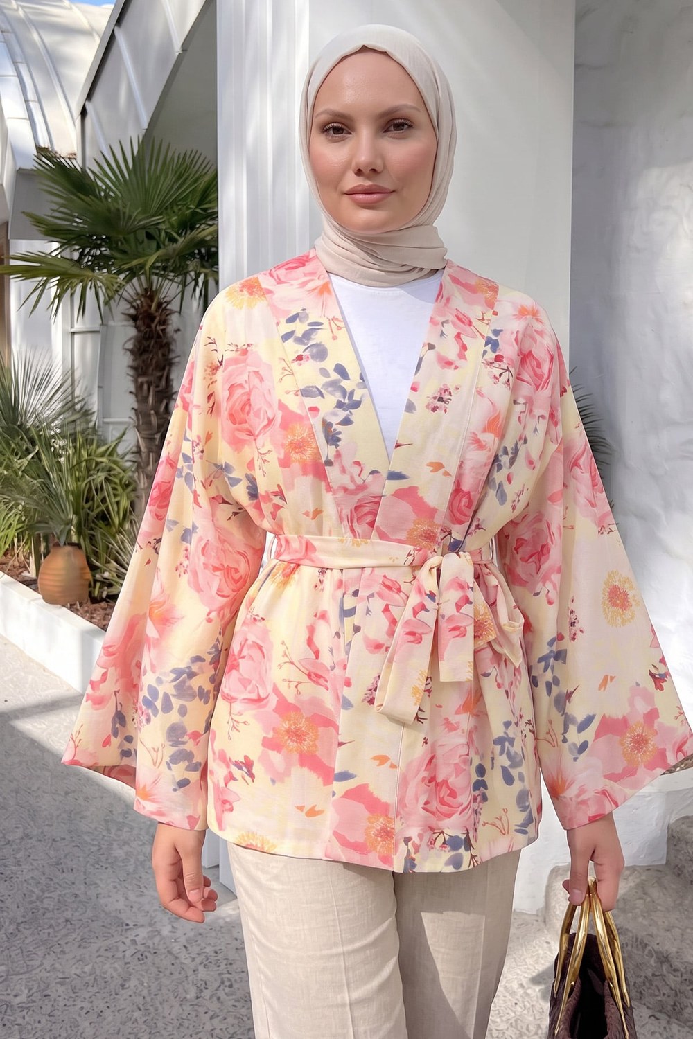 Çiçek Desenli Kimono Y0167 - Pudra