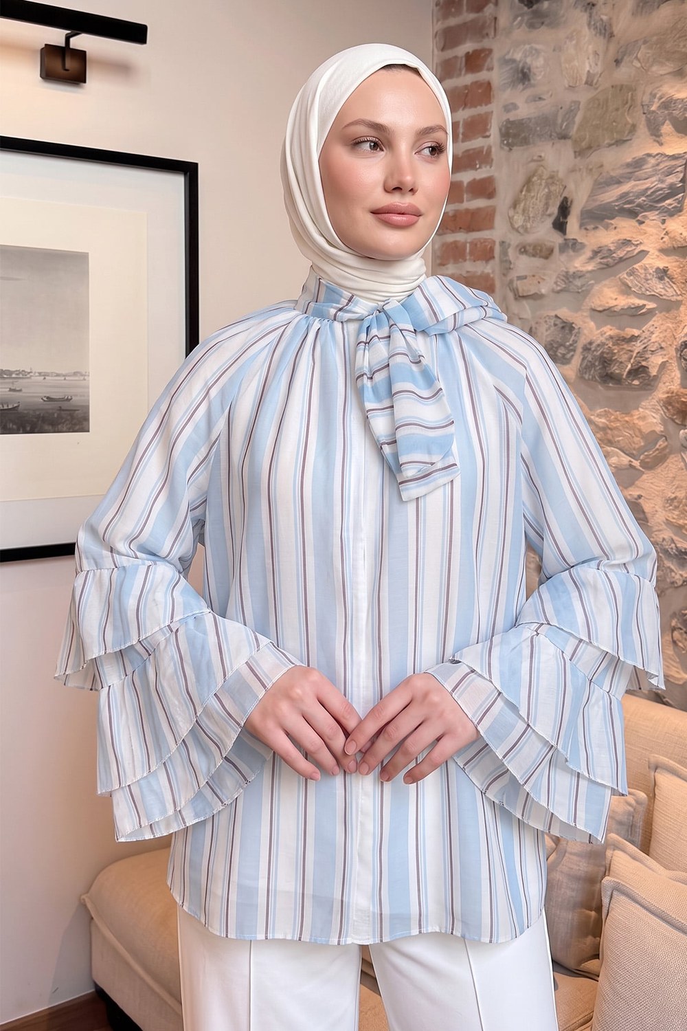 Çizgili Volan Kol Tunik 5402 - Bebe Mavisi