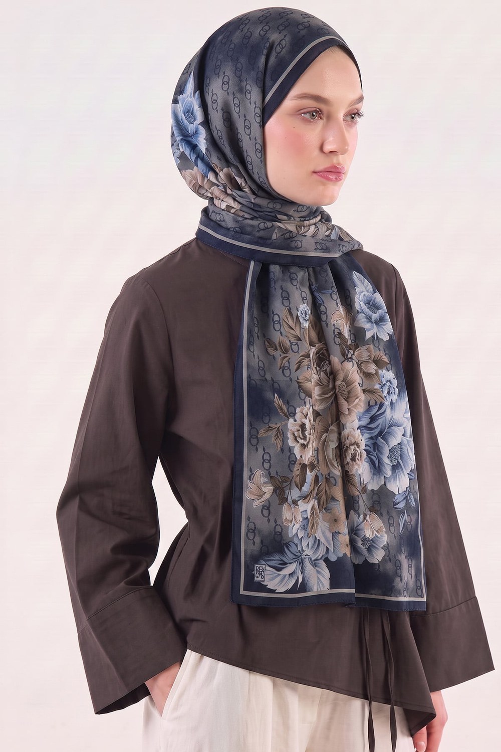 Çiçek Desenli Aqua Soft Şal 4075 - Lacivert