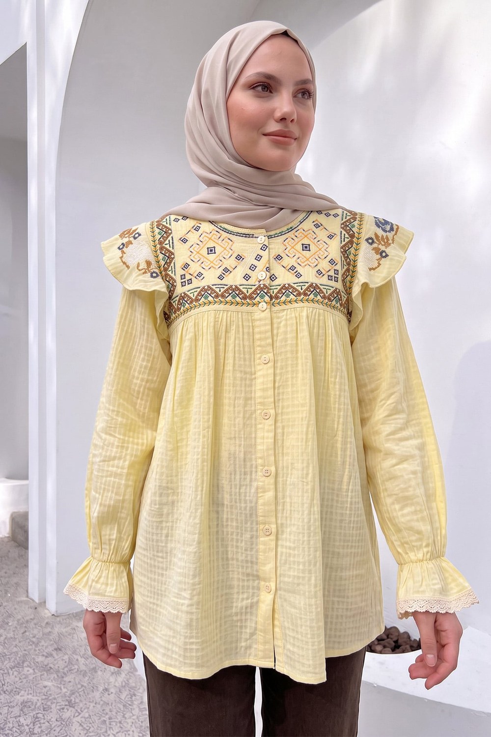 Etamin Nakışlı Tunik 2099 - Sarı