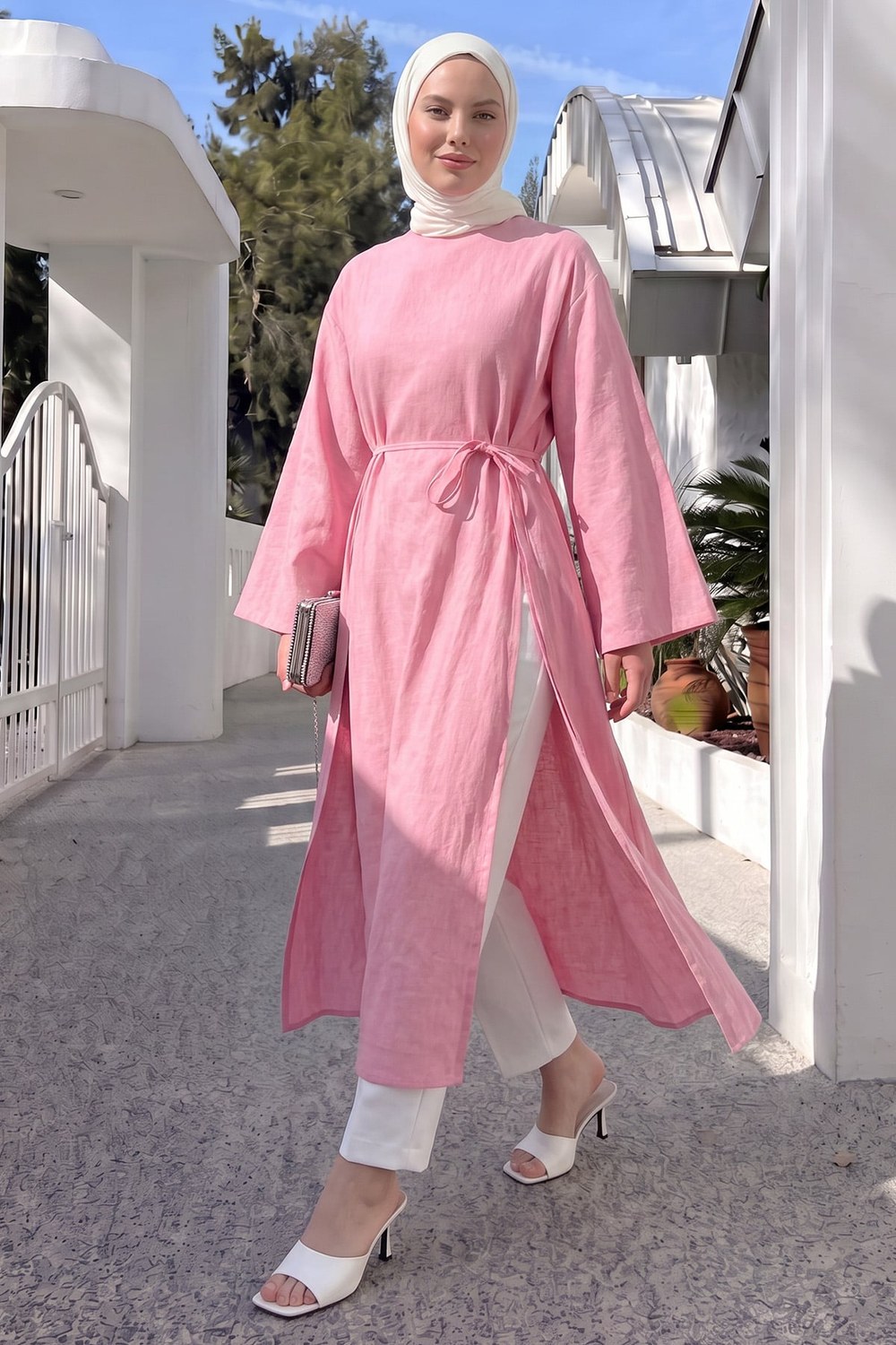 Yırtmaçlı Uzun Tunik Y0163 - Pembe
