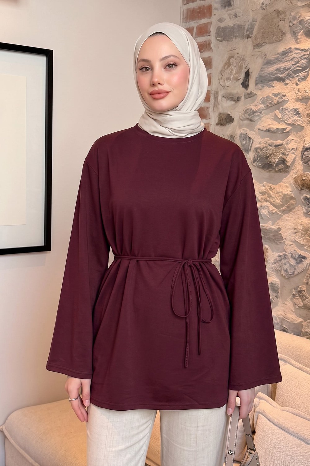 Bağcıklı Penye Bluz 13071 - Bordo