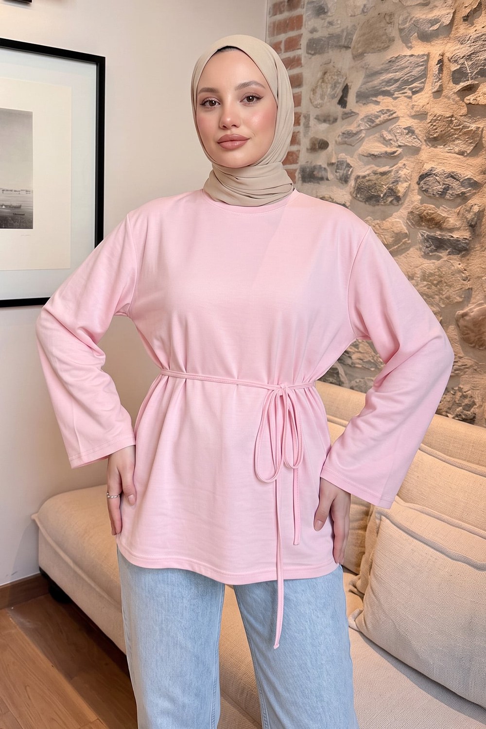 Bağcıklı Penye Bluz 13071 - Açık Pembe