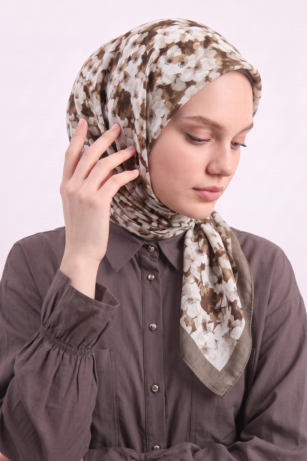 Çiçek Desenli Naida Eşarp 8040 - Vizon