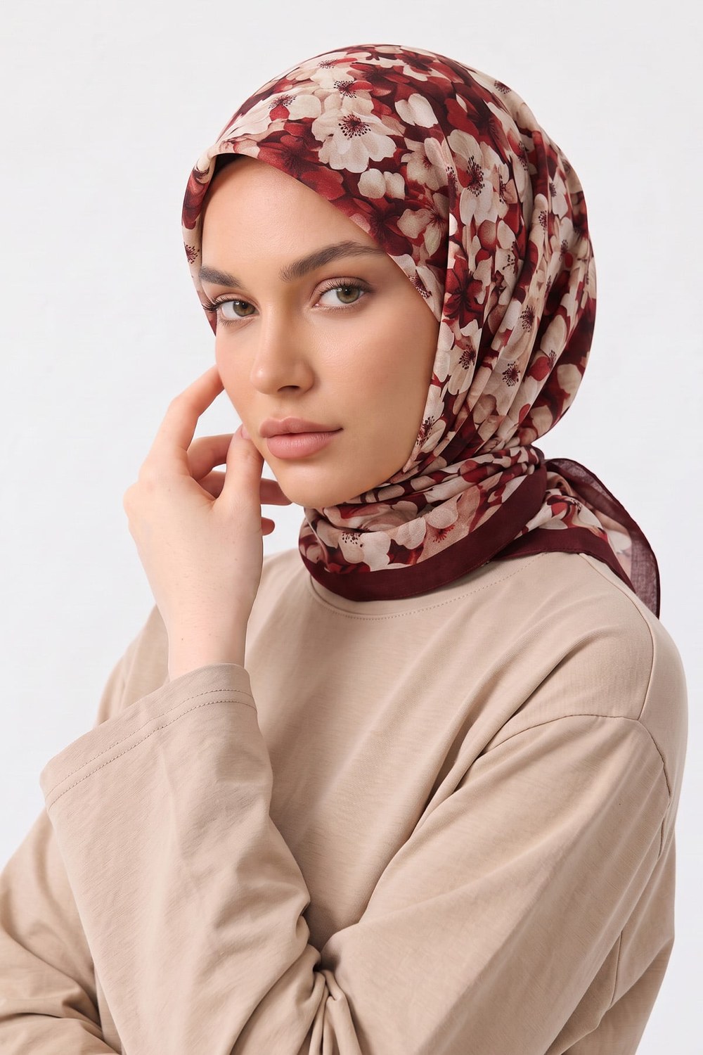 Çiçek Desenli Naida Eşarp 8040 - Bordo