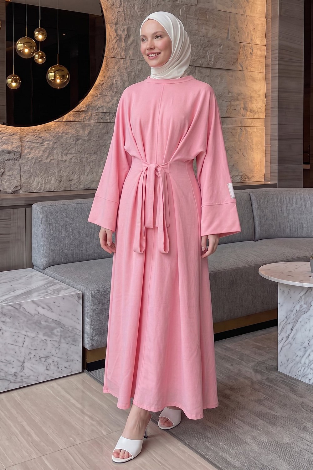 Kuşak Detaylı Elbise 0010-1 - Pembe