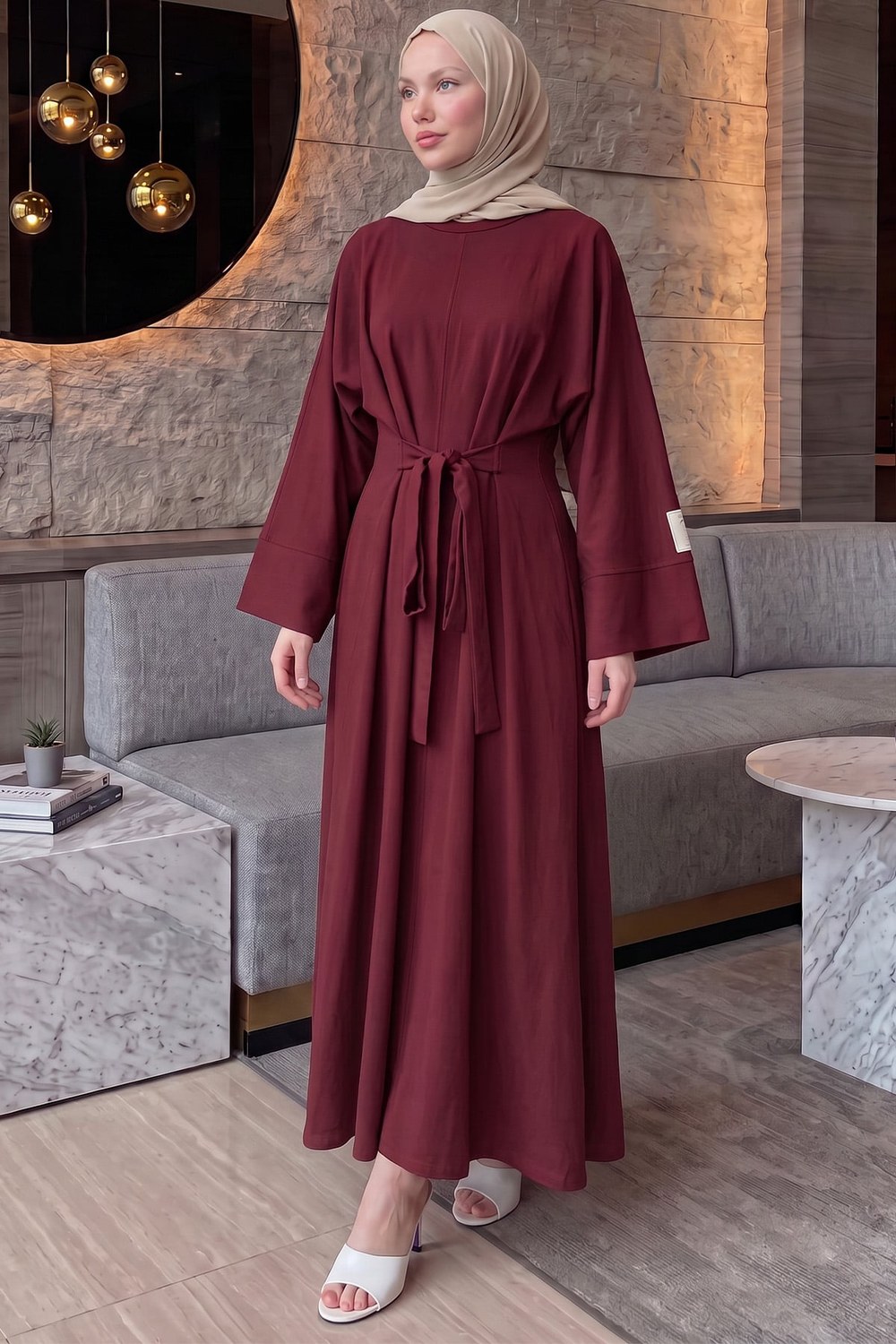 Kuşak Detaylı Elbise 0010-1 - Bordo