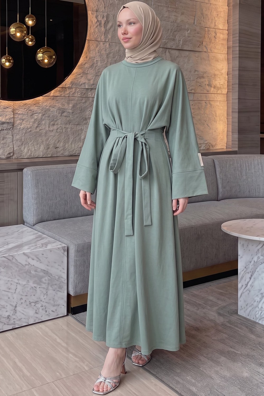 Kuşak Detaylı Elbise 0010-1 - Mint Yeşili