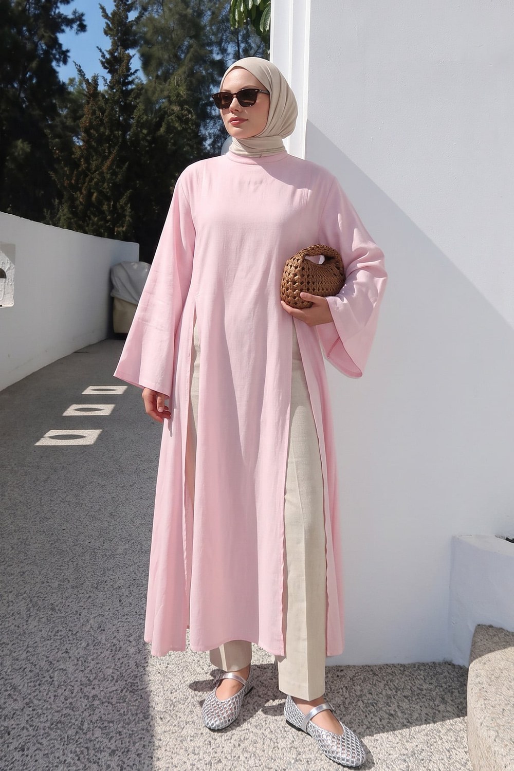 Yırtmaçlı Uzun Tunik Y0162 - Açık Pembe