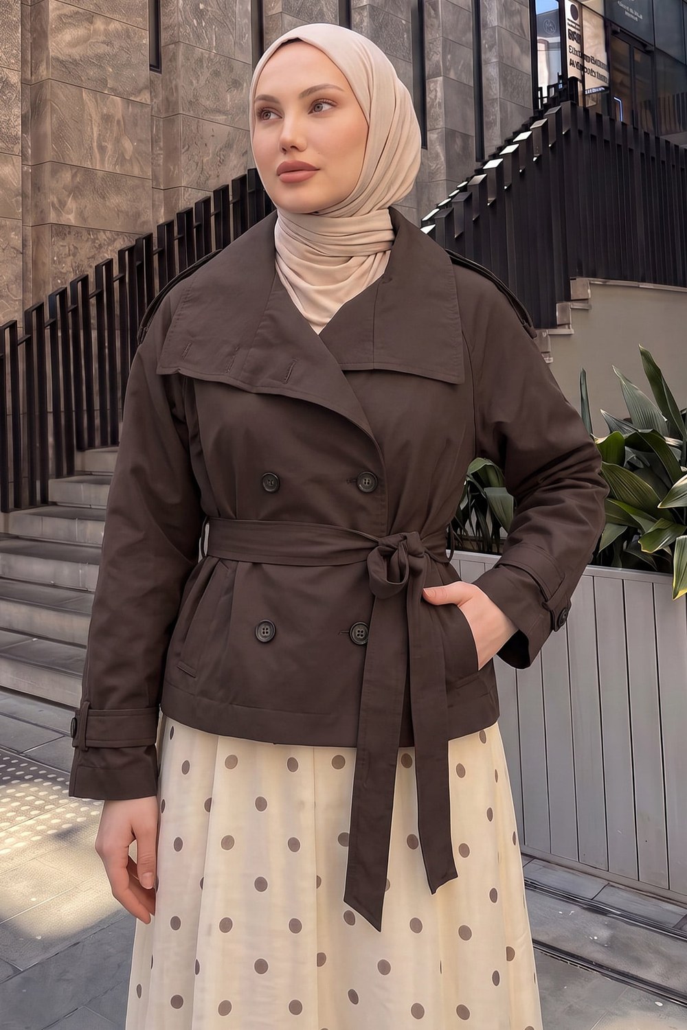 Dik Yaka Kemerli Trençkot 262155 - Kahve
