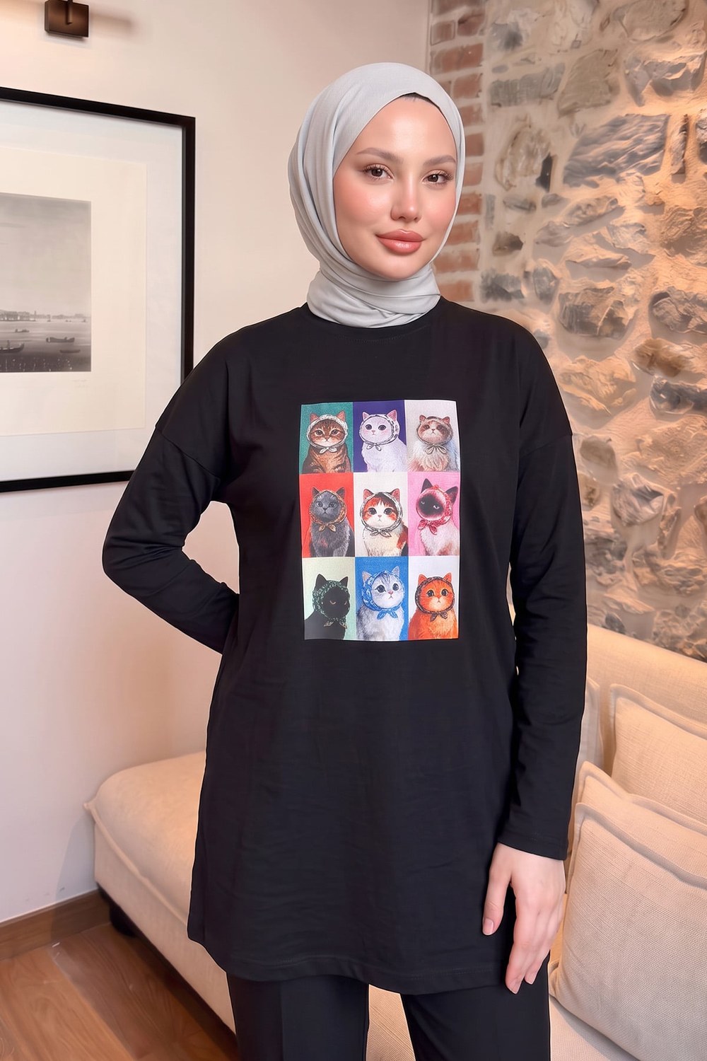 Kedi Baskılı Tunik 13230 - Siyah