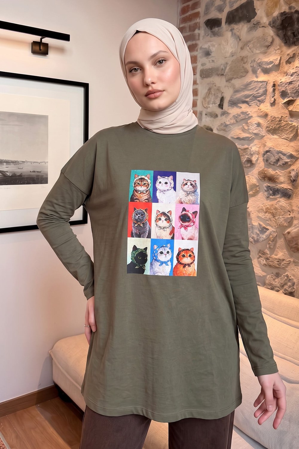 Kedi Baskılı Tunik 13230 - Haki